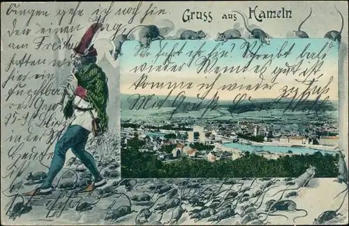 Ansichtskarte Hameln Rattenfänger und Stadt - colorierte Künstlerkarte 1908 