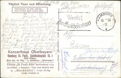 St. Pauli-Hamburg Innenansicht - Künstlerkarte Konzerthaus Oberbayern 1918 