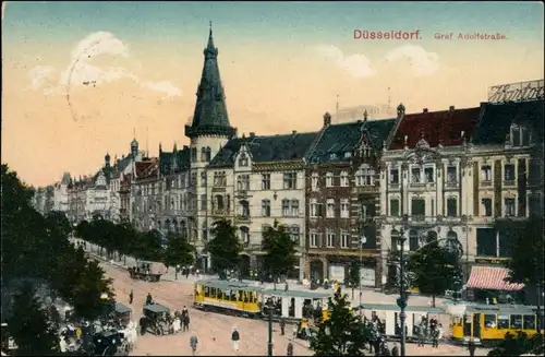 Ansichtskarte Düsseldorf Graf Adolfstraße - Straßenbahn 1916