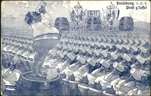 Ansichtskarte  Scherzkarte 1,2,3, Prost g'suffa - trinken Bier 1925 