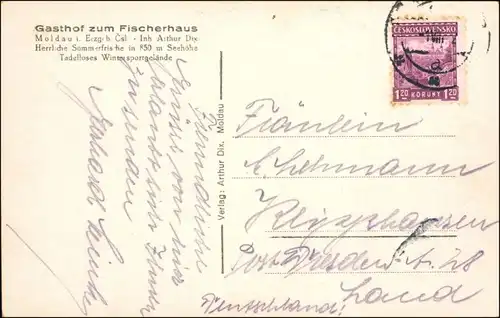Postcard Moldau Moldava Gasthof zum Fischerhaus b Tetschen Decin  1929