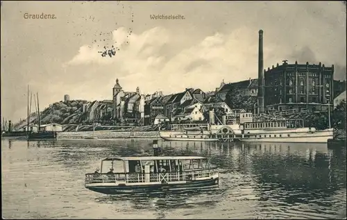 Postcard Graudenz Grudziądz Fähre, Dampfer, Fabriken 1915 