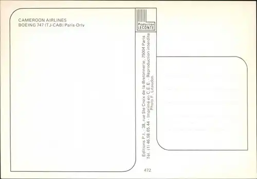 Ansichtskarte  Flugzeug "Cameroon Airlines" - Boeing 747 1985