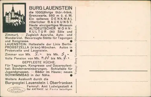 Ansichtskarte Lauenstein-Ludwigsstadt Rittersaal im Thünaflügel 1928 