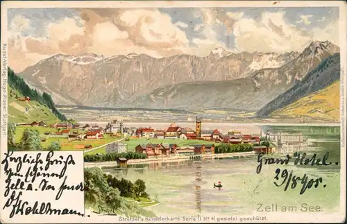 Zell am See Künstlerkarte - Blick auf die Stadt (Strützel) 1905 