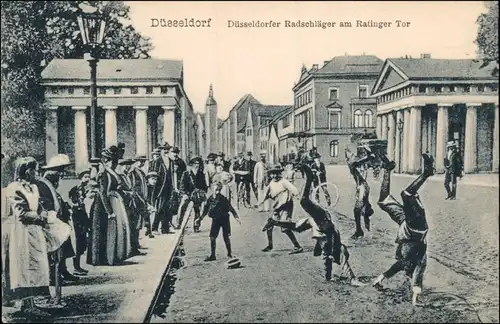 Ansichtskarte Düsseldorf Straßenpartie - Radschläger, Ratinger Tor 1908 