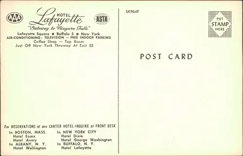 Postcard Buffalo Hotel Lafayette 1969