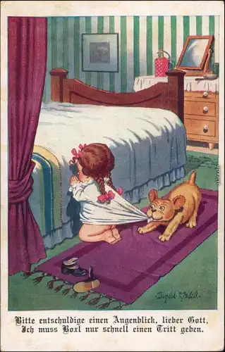 Ansichtskarte  Kleines Mädchen beim beten - Hund Künstlerkarte Donald 1927 