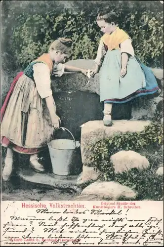 Ansichtskarte  Kinder beim Wasserholen - Hessische Volkstrachten 1902 