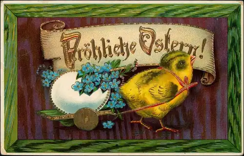 Ansichtskarte  Küken zieht Wagen mit Osterei - Ostern 1911 Goldrand