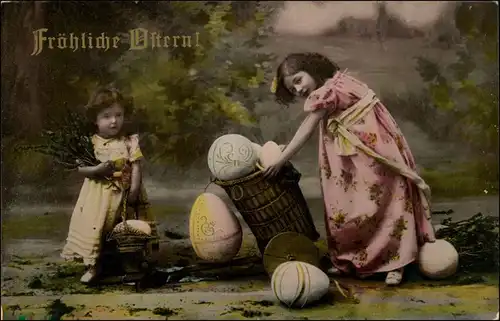 Ansichtskarte  Kinder mit Korb - Riesenostereier - Ostern 1911 