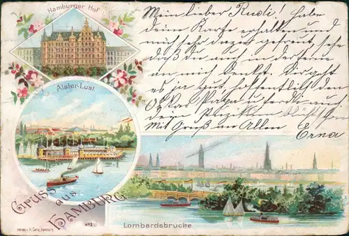 Ansichtskarte Hamburg Litho AK: Hamburger Hof, Lombardsbrücke 1898 