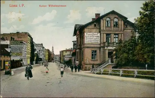 Postcard Lissa Leszno Wilhelmstrasse - Gasthof zu den drei Kronen 1916 
