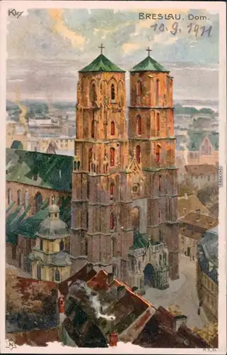 Breslau Wrocław Stimmungsbild Künstlerkarte - Dom und Stadt 1911 