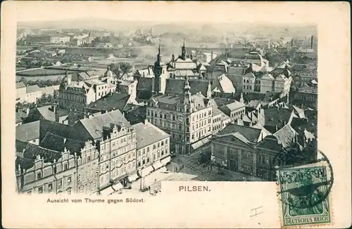 Postcard Pilsen Plzeň Stadt mit Straßenblick 1920 