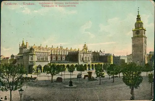 Postcard Krakau Kraków Tuchhallen/Sukiennice und Rathausturm 1908