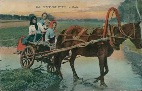Russland Bäuerin, Kinder - Pferdegespann - russische Typen 1916 