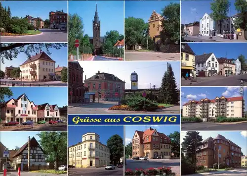 Coswig Sachsen Kirche, Markt, Wohnhäuser, Sparkasse, Geschäfte, Bahnhof 2001