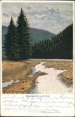Ansichtskarte  Schneeschmelze an der Bode, signierte Künstlerkarte 1911