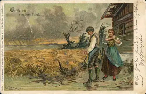 Signierte Künstlerkarten: Unwetter- Erlöse uns  Übel, zerstörtes Feld 1901