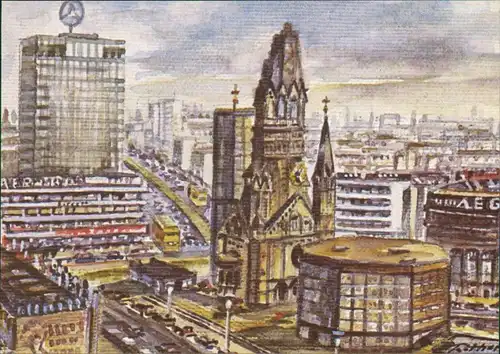 Charlottenburg-Berlin Künstlerkarte Gedächtniskirche und Ku'damm 1988