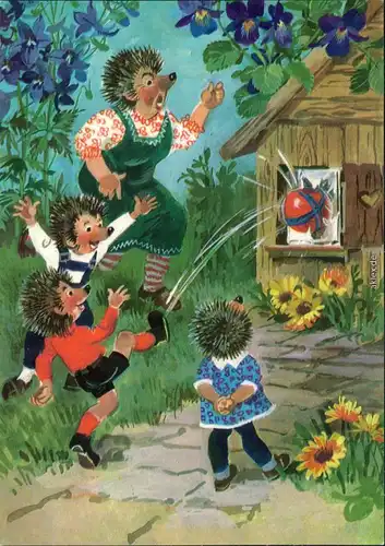 Ansichtskarte  DDR-Mecki: Apfelwurf ins Gartenhäuschen 1980