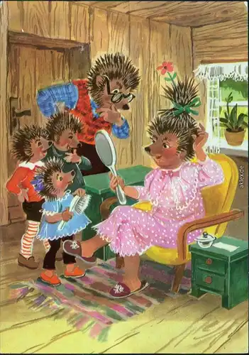 Ansichtskarte  DDR-Mecki: Igel-Mama schaut in Spiegel 1980