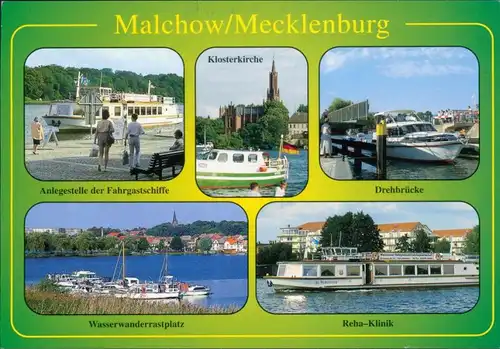 Ansichtskarte Malchow (Mecklenburg) Fahrgastschiffe, Boote, Reha-Klinik 1990