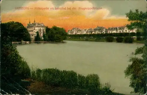 Ansichtskarte Hamburg Alsterpartie am Leinpfad Krugkoppelbrücke 1915 