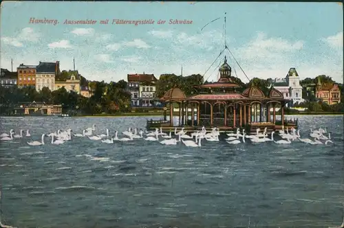 Ansichtskarte Hamburg Aussenalster mit Fütterungsstelle der Schwäne 1912 