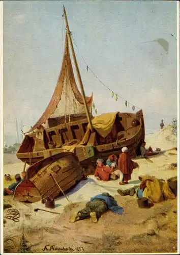 Ansichtskarte  Künstlerkarten, Andreas Achenbach: Ebbe, Segelschiff 1837/1976