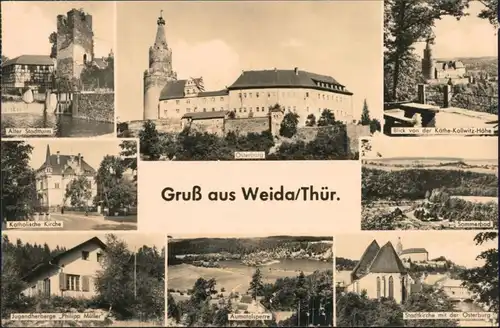 Ansichtskarte Weida (Thüringen) Aumatalsperre, Stadtturm, Sommerbad 1962