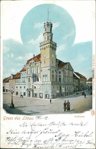 Ansichtskarte Löbau Straßenpartie am Rathaus 1902 
