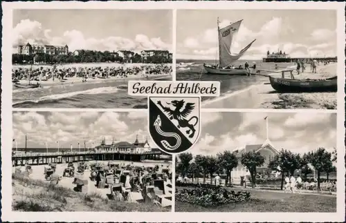 Ansichtskarte Ahlbeck (Usedom) Seebrücke, Segelboot, Strand 1958