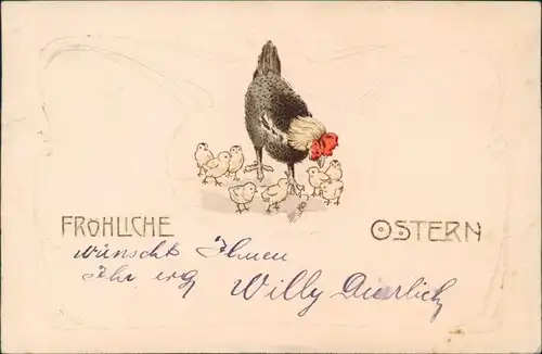 Ansichtskarte  Jugenstil - Ostern Hahn und Küken 1904 Prägekarte