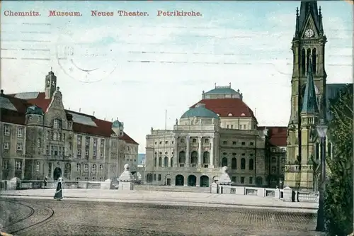 Ansichtskarte Chemnitz Museum, Theater u. Petrikirche 1909 