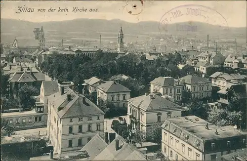 Ansichtskarte Zittau Straßenblick von der kat. Kirche 1909 