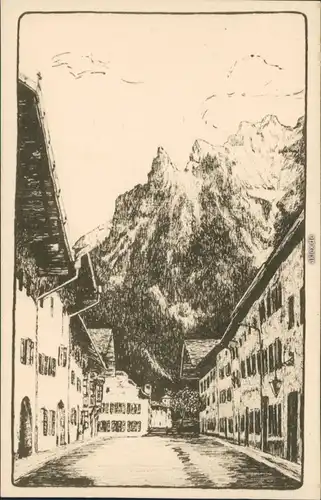 Ansichtskarte Mittenwald Hauptstraße mit Karwendel Federzeichnung 1928