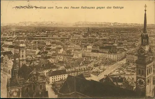 Ansichtskarte München Blick vom Turm des Neuen Rathauses gegen Gebirge 1925