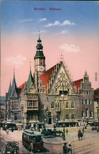 Postcard Breslau Wrocław Rathaus, Markttreiben - Straßenbahn 1914 