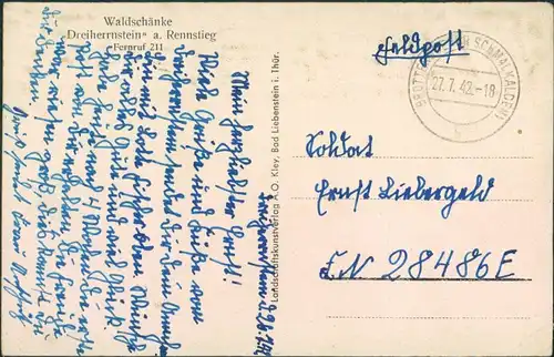 Ansichtskarte Brotterode Waldschänke "Dreiherrenstein" 1942