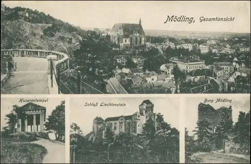 Ansichtskarte Mödling 4 Bild: Stadt, Husarentempel, Burg u Schloß 1921 