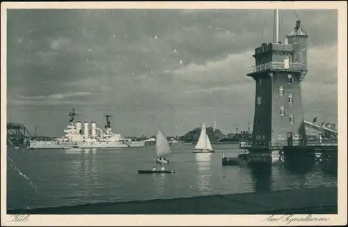 Ansichtskarte Kiel Kriegsschiff am Signalturm 1930 