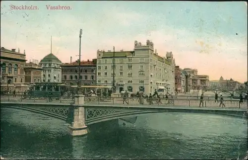 Postcard Stockholm Straße, Straßenbahn Vasabron 1909 