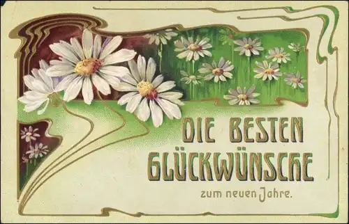  Jugenstil - Neujahr - Kamille - Präge-Künstlerkarte 1908 Goldrand