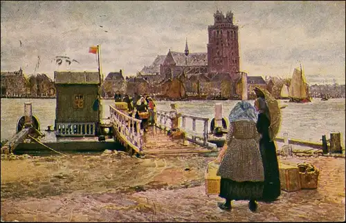 Postkaart Dordrecht Künstlerkarte Anleger und Stadt 1916 