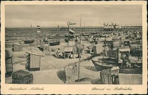 Ansichtskarte Ahlbeck (Usedom) Strand, Strandkörbe - Seebrücke 1932 