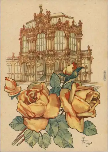 Altstadt-Dresden Künstlerkarte v. Gv. - Dresdner Zwinger und Rosen 1946