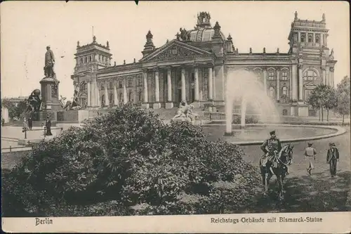 Ansichtskarte Berlin Reichstagsgebäude mit Bismarck Statue, Reiter 1907