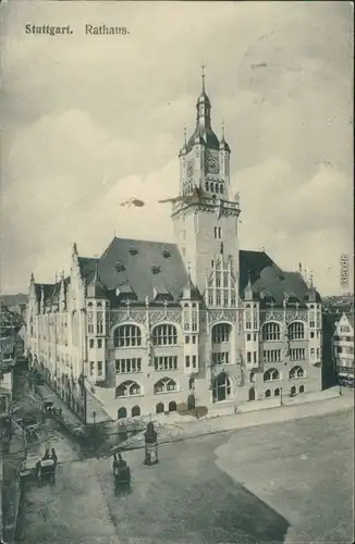 Ansichtskarte Stuttgart Rathaus mit Kutschen und Litfaßsäule 1909